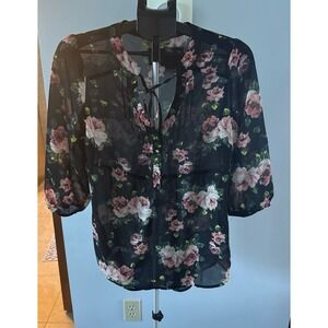 Princess Vera Wang Black Pink Rose Floral V-neck Sheer Blouse‎ Size Large
